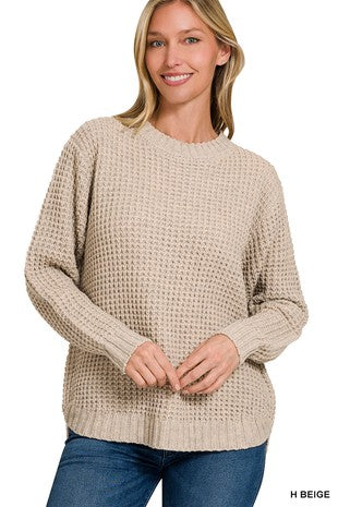 Hi-Low Long Sleeve Roundneck Waffle Sweater