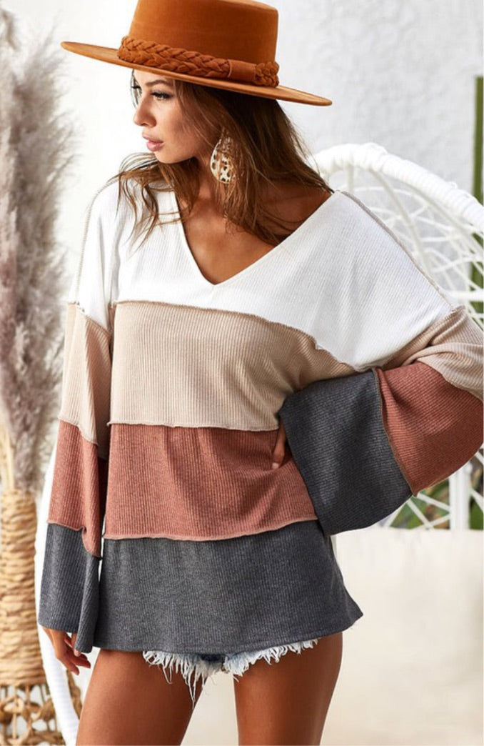 Ivory, Taupe, Rust, and Charcoal Color Block Top