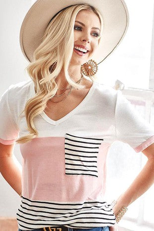 Short Sleeve Pink and Black Stripe Top