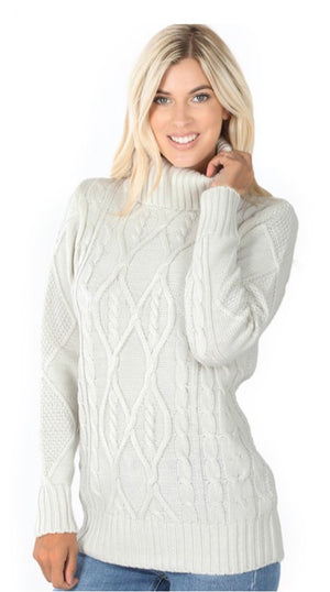 Bone Cable Knit Turtleneck Sweater